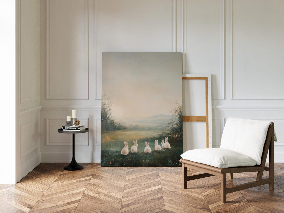 Five White Rabbits Facing Misty Meadow At Dawn Farmhouse Poster - Image 3