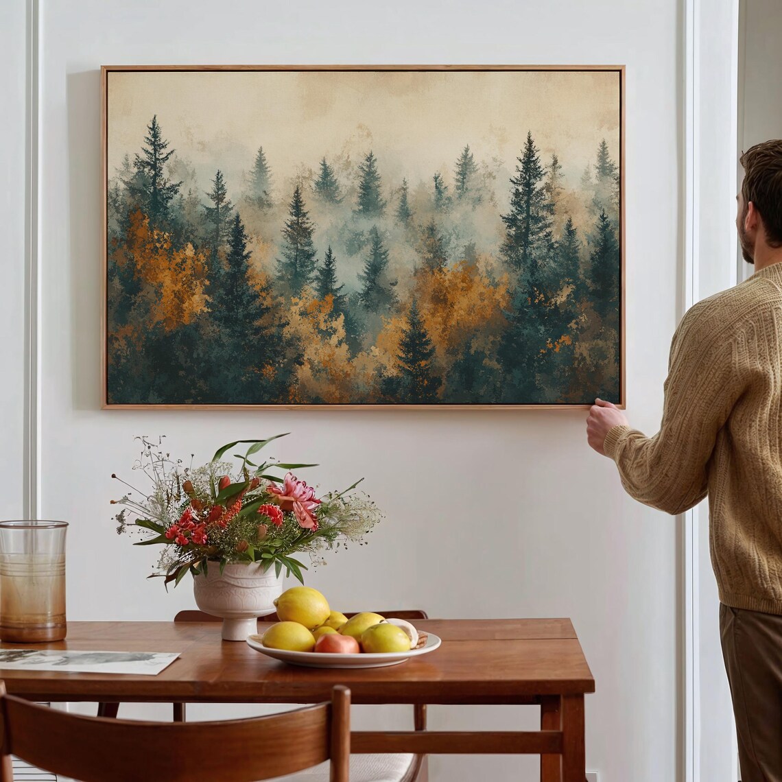 Serene Misty Autumn Pine Forest Fog Golden Fall Woodland Wall Art
