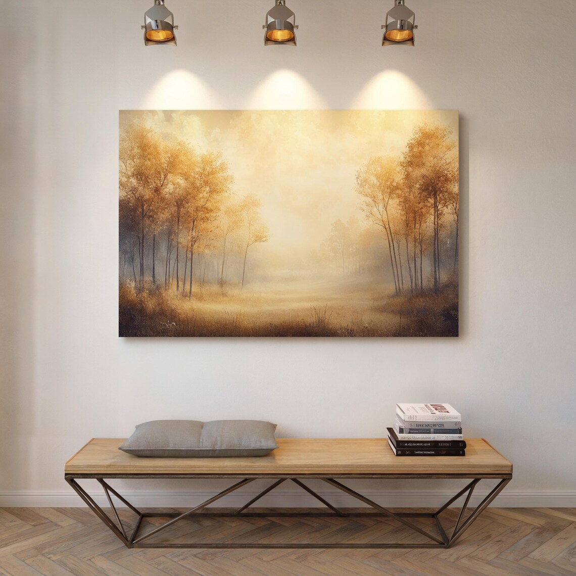 Golden Autumn Trees In Mist Morning Light Forest Landscape Painting Poster - Image 3