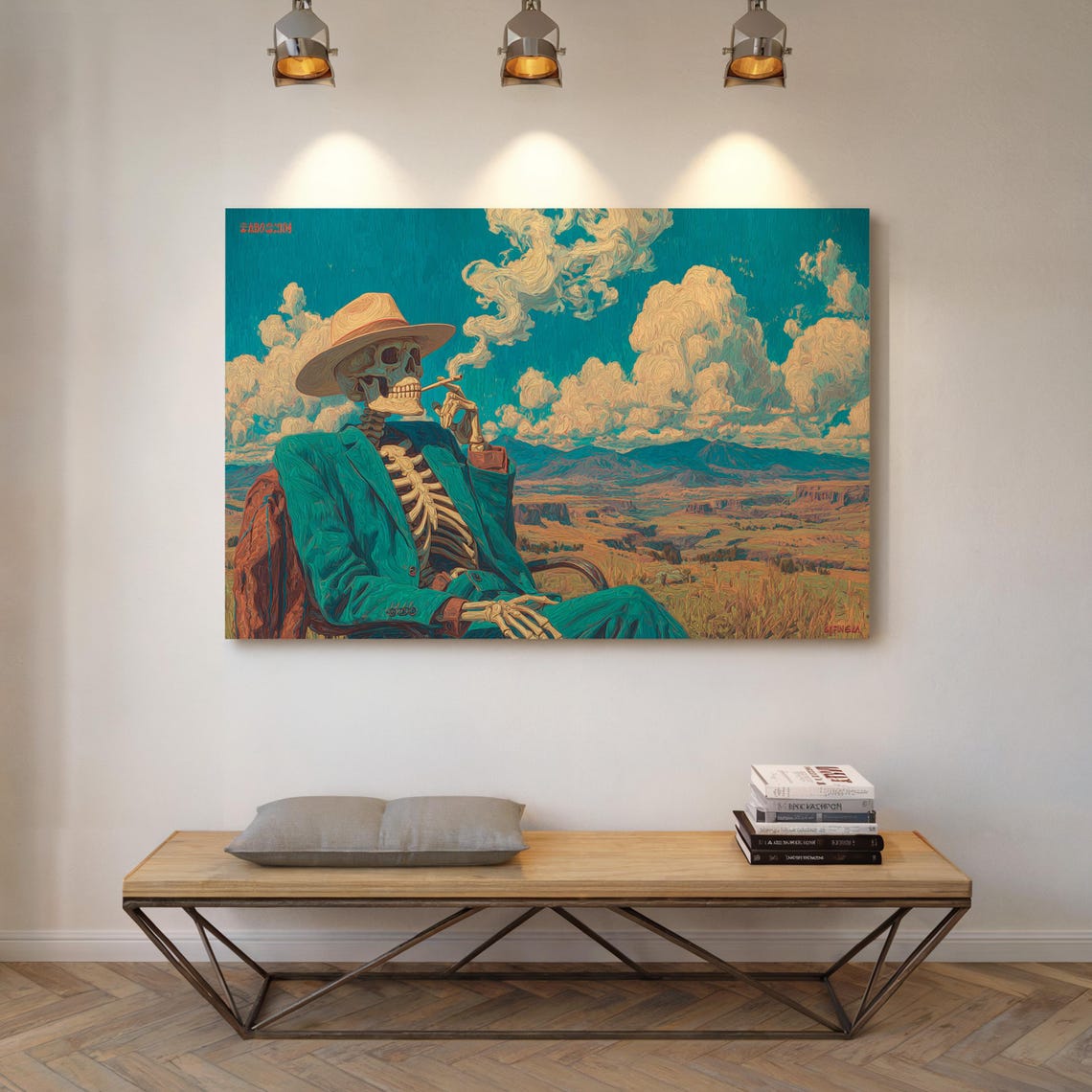 Cowboy Skeleton Desert Sunset Turquoise Suit Smoking Art Poster