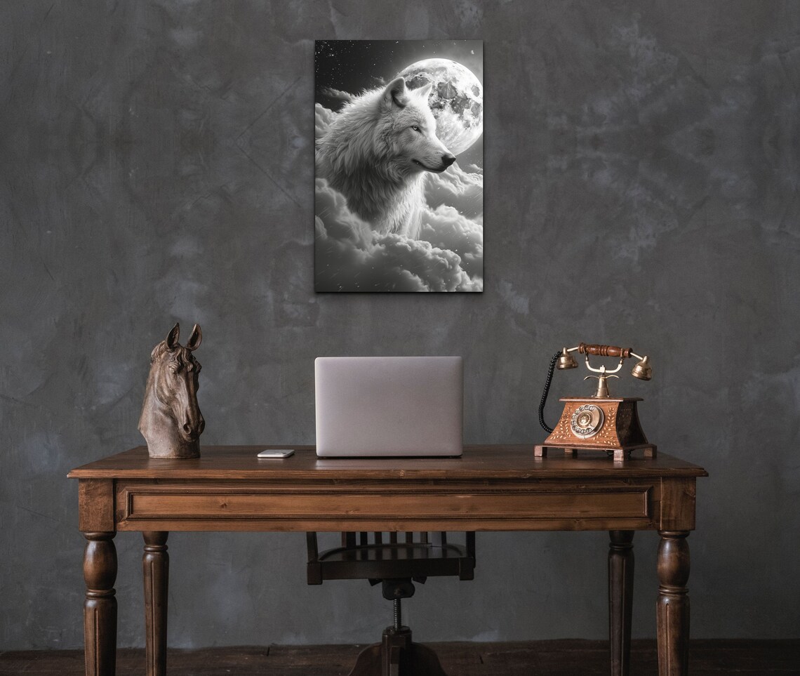 White Wolf Full Moon Night Sky Black White Wild Animal Poster - Image 3