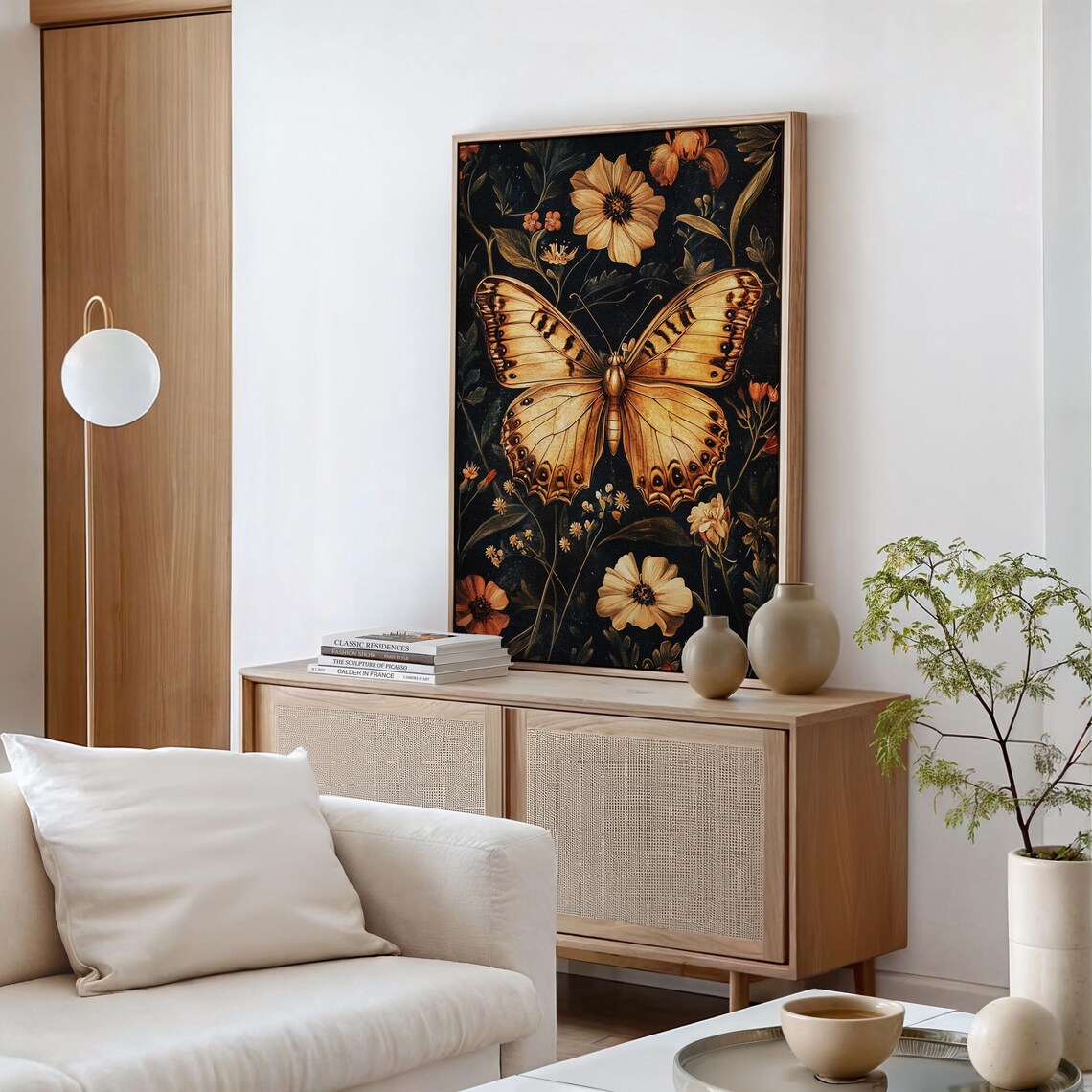 Vintage Golden Butterfly Among Cosmos Flowers Dark Botanical Poster - Image 3