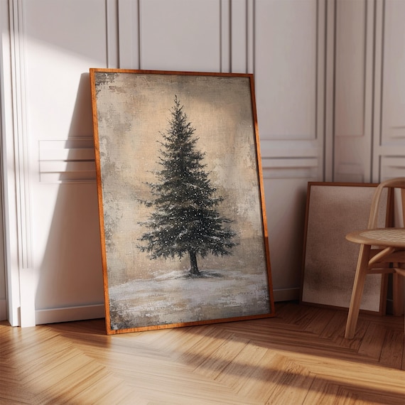 Rustic Snowy Pine Tree Art Print, Winter Holiday