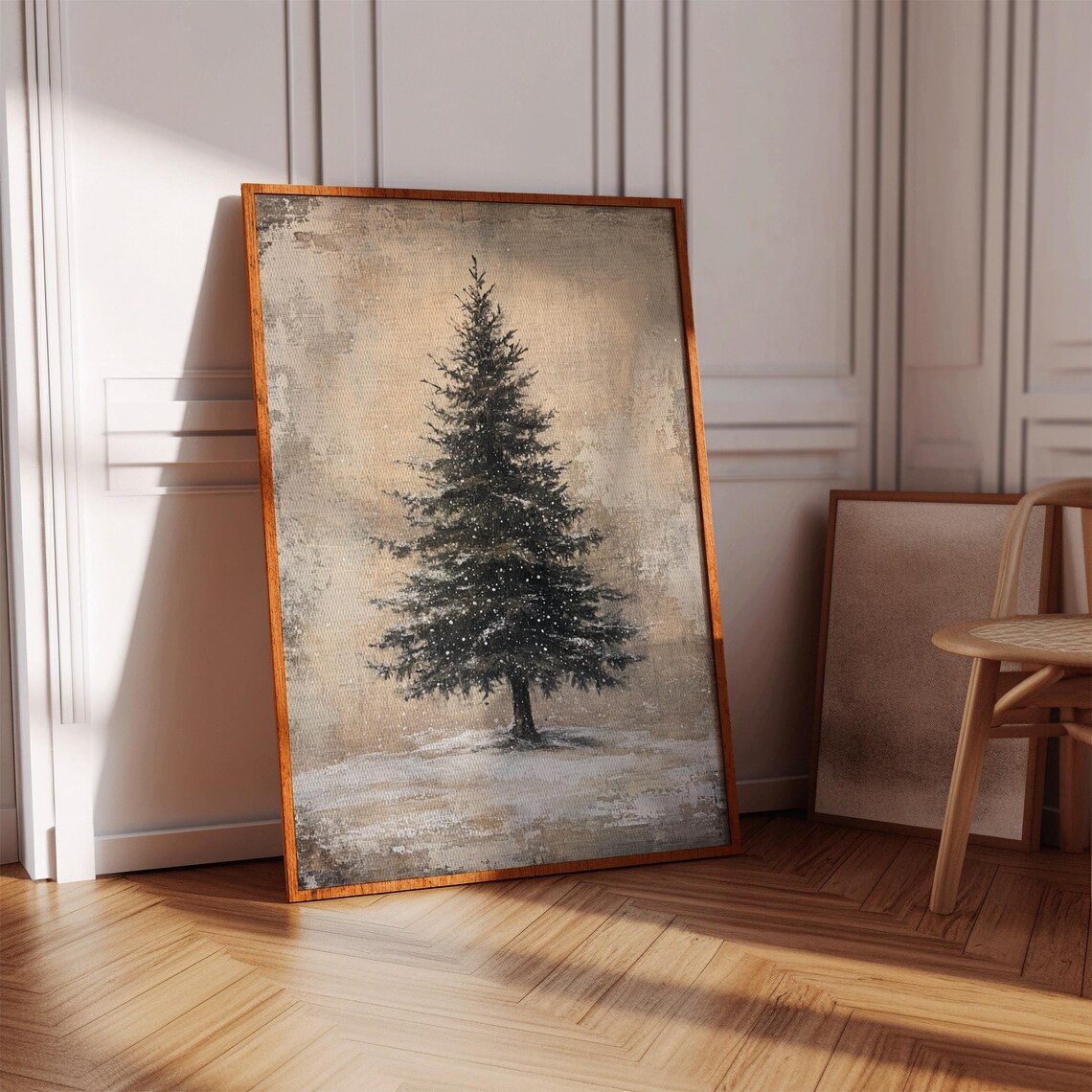Rustic Snowy Pine Tree Art Print, Winter Holiday