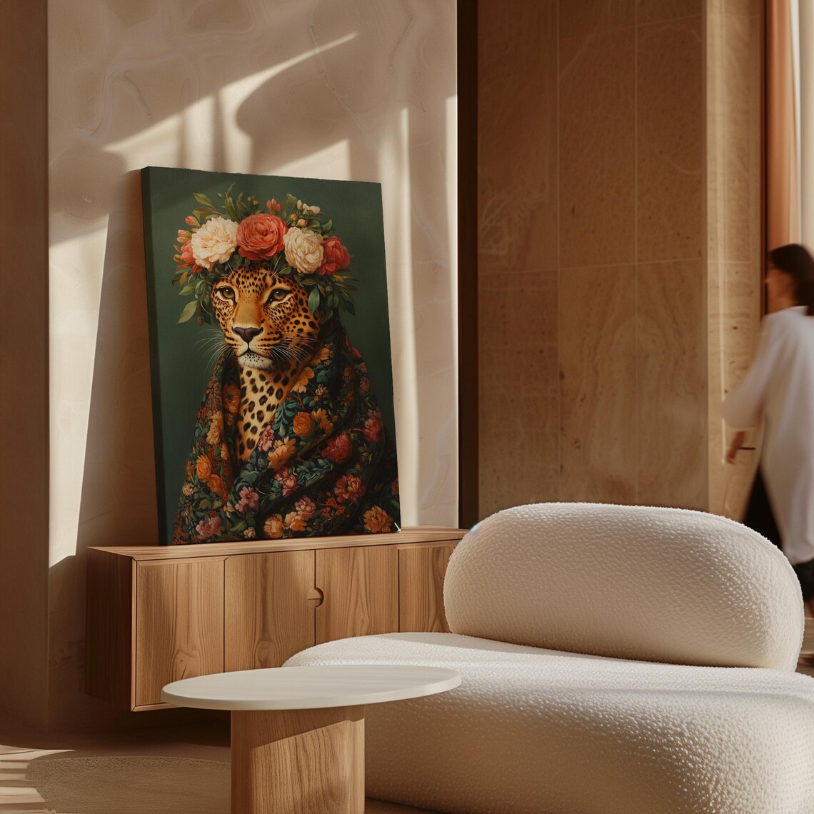 Majestic Leopard With Flower Crown And Floral Wrap Dark Green Poster - Image 6