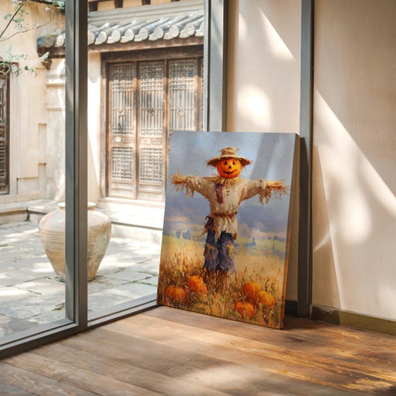 Pumpkin Scarecrow Canvas Wall Art Rustic Harvest Field Painting