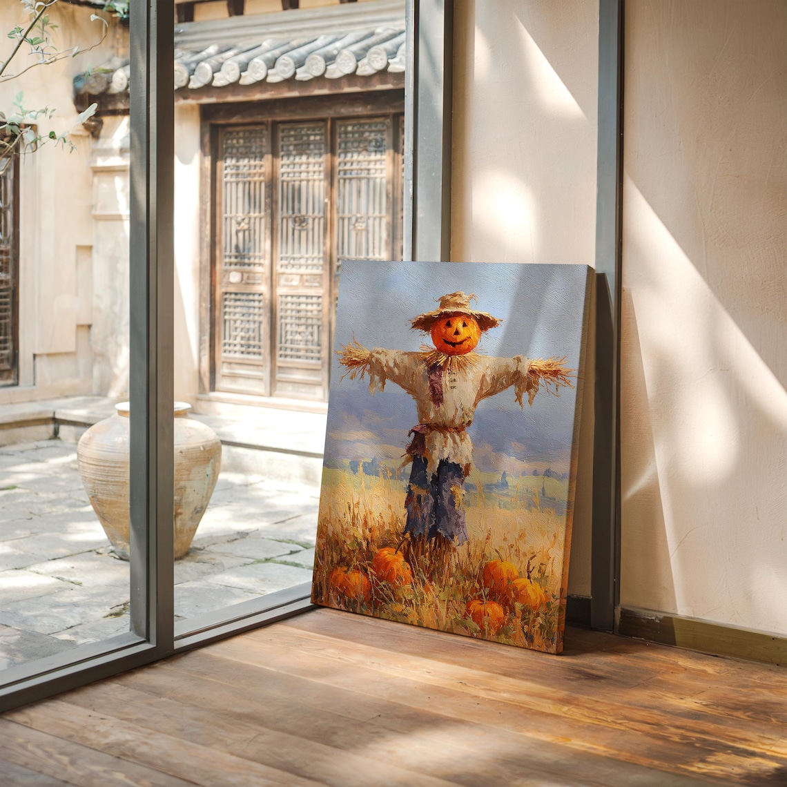 Pumpkin Head Scarecrow In Straw Hat Standing In Harvest Field Poster