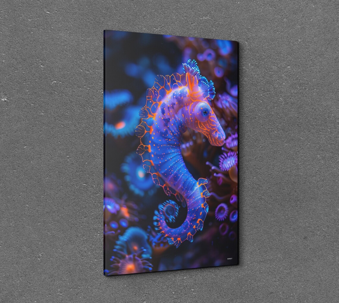 Glowing Seahorse In Coral Reef Neon Blue Orange Underwater Wall Art - Image 7