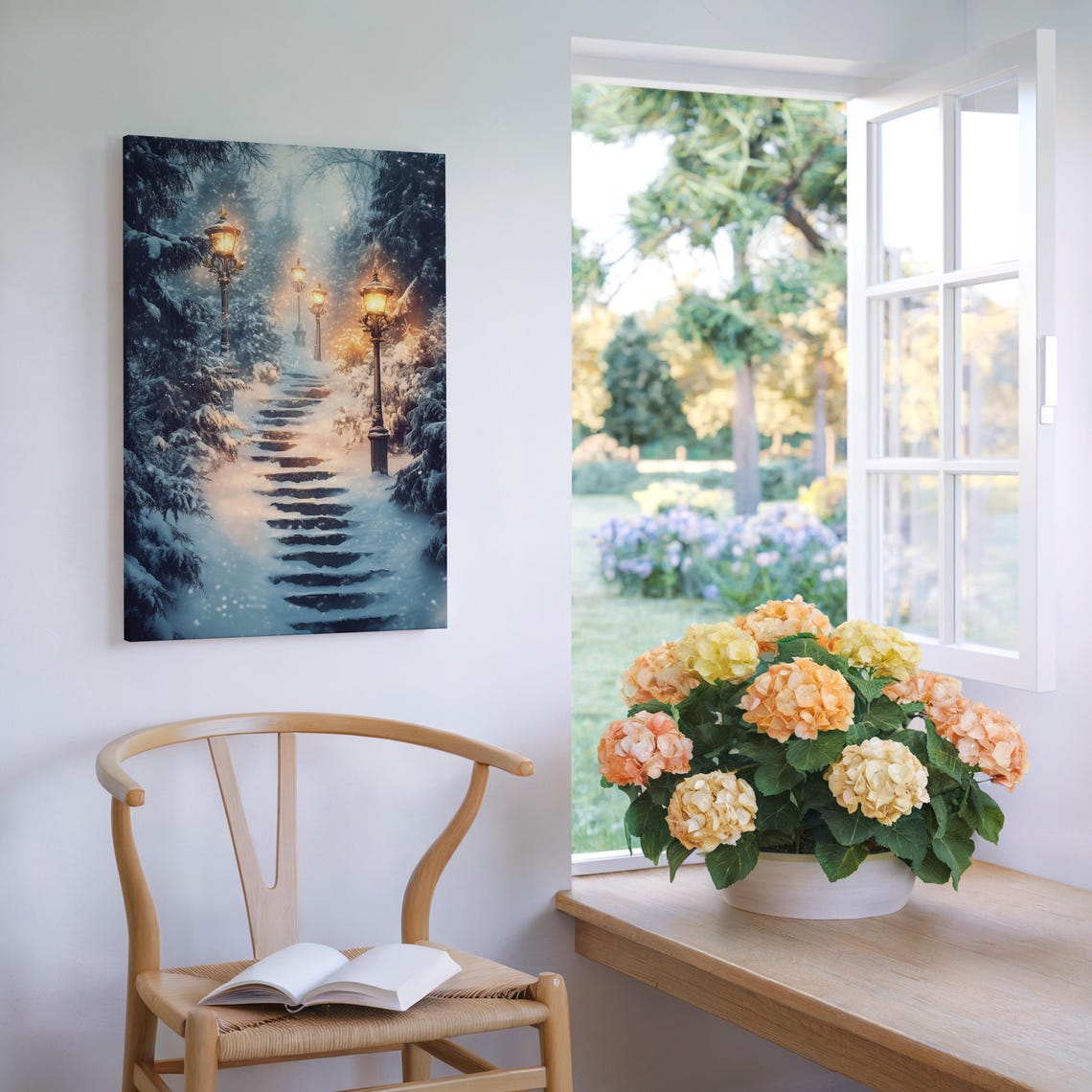 Snowy Staircase With Glowing Lampposts In Winter Night Forest Wall Art - Image 7
