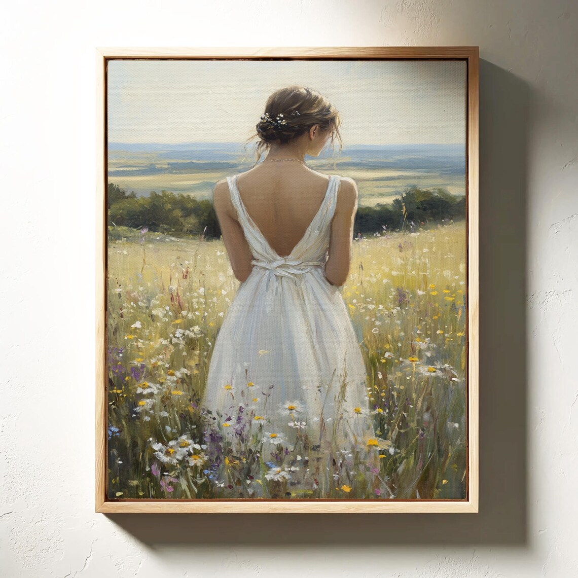Woman In White Dress Wildflower Meadow Overlooking Valley Poster - Image 4