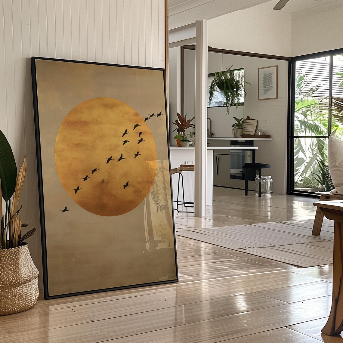 Golden Sun with Flock of Birds Minimalist Modern Warm Art Poster