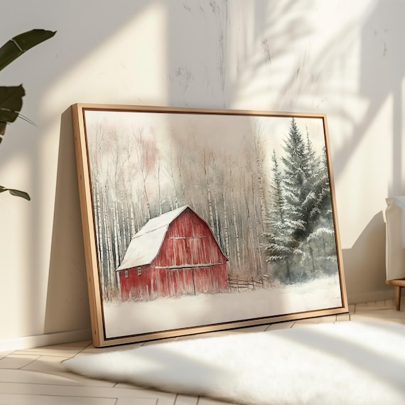 Rustic Red Barn in Snowy Winter Forest Farmhouse Scene Poster