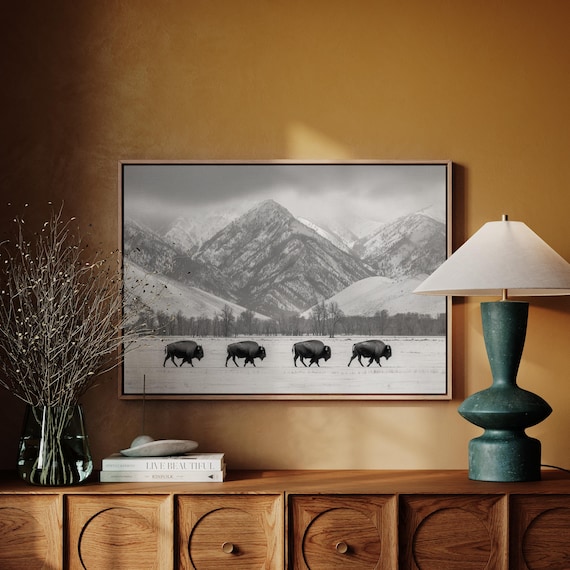 Bison In Winter Mountains Western Black And White Wall Art