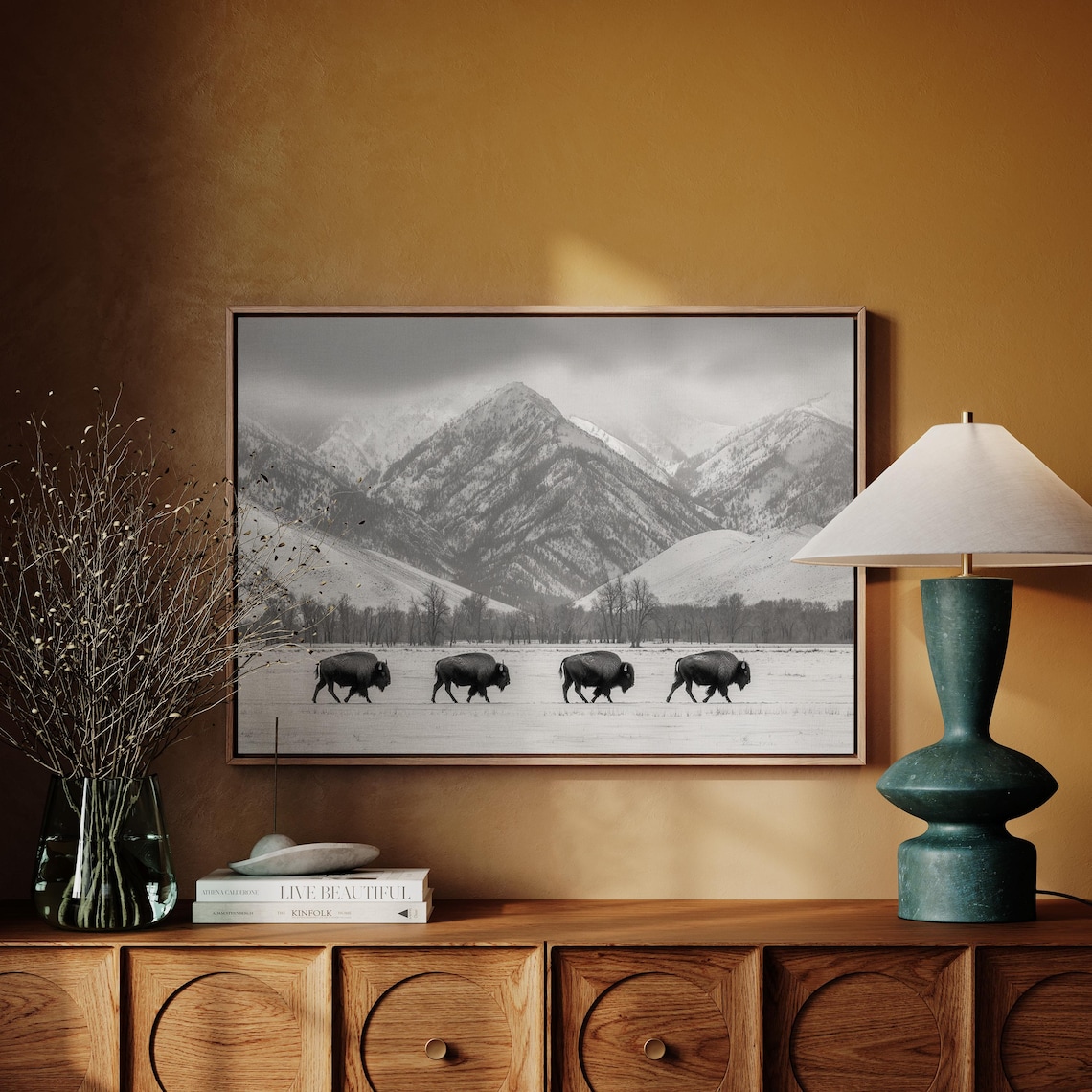 Bison Herd in Snowy Mountains Black and White Wildlife Art Print