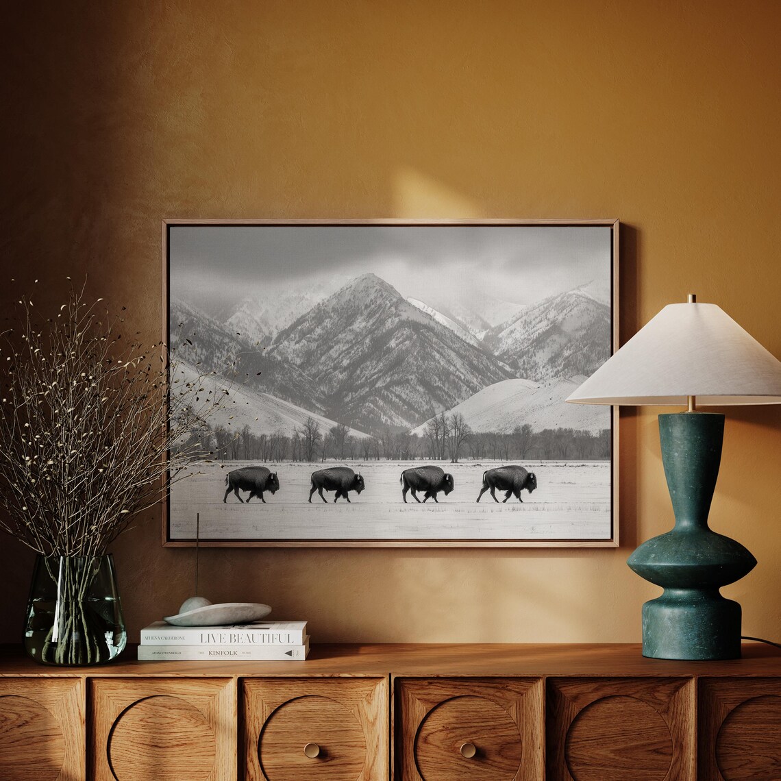 Bison In Winter Mountains Western Black And White Wall Art