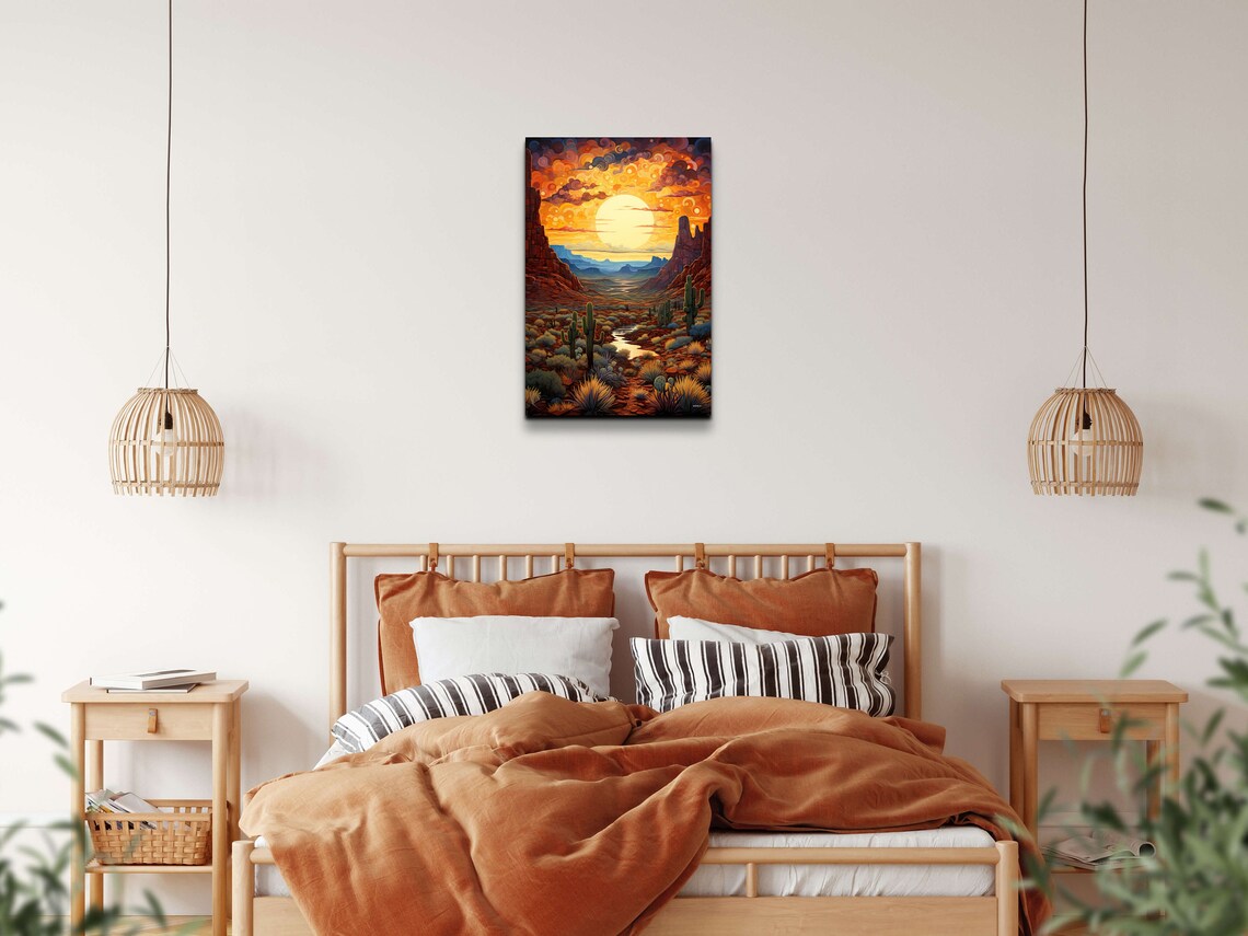 Desert Canyon Sunset With Saguaros Swirling Sky Landscape Poster - Image 5