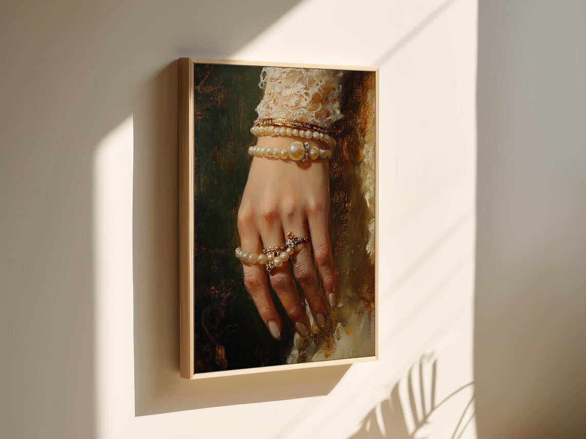 Vintage Pearl Bracelet Hand Portrait With Lace Cuff Painterly Art Poster - Image 2