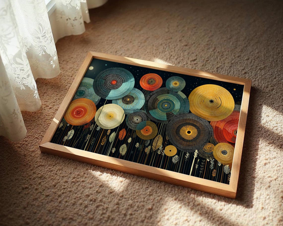 Abstract Night Garden Floral Circles Dark Boho Colorful Poster