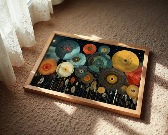 Abstract Night Garden Canvas Wall Art Modern Floral Circles Print Dark Boho Decor Colorful Midnight Flowers Poster For Living Room