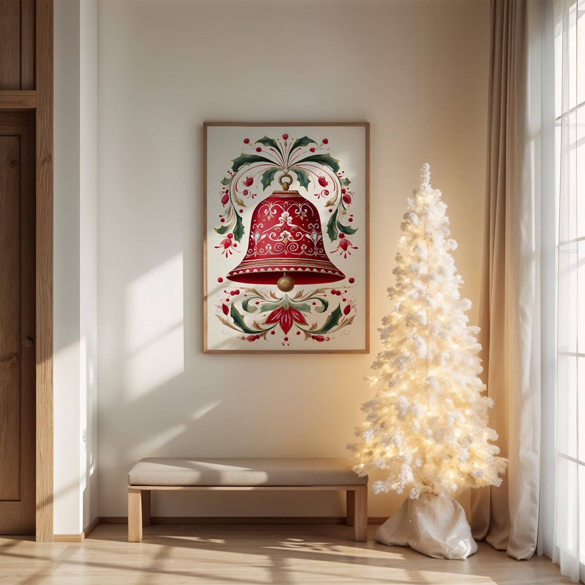 Red Christmas Bell With White Folk Floral Holiday Art Poster