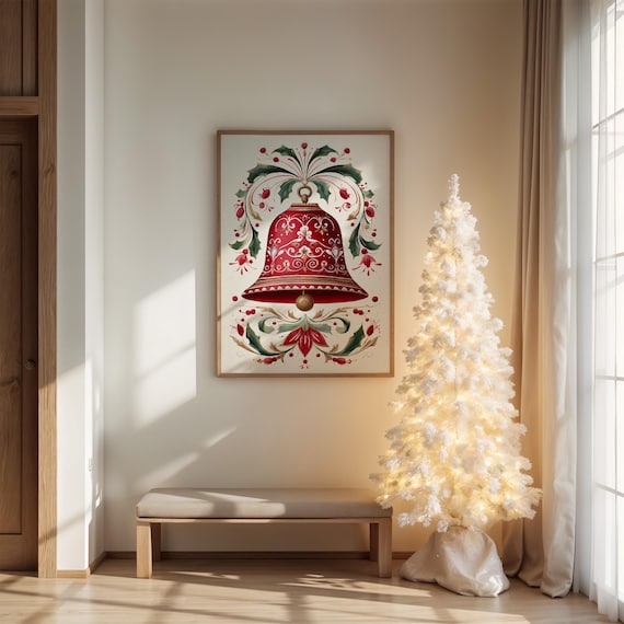 Red Christmas Bell With White Folk Floral Holiday Art Poster