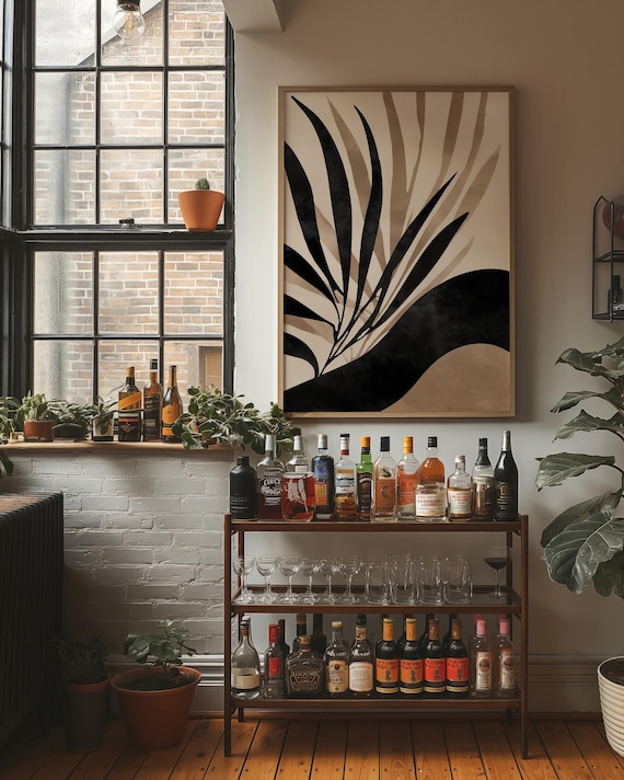 Abstract Botanical Black Leaves Neutral Minimal Modern Wall Art