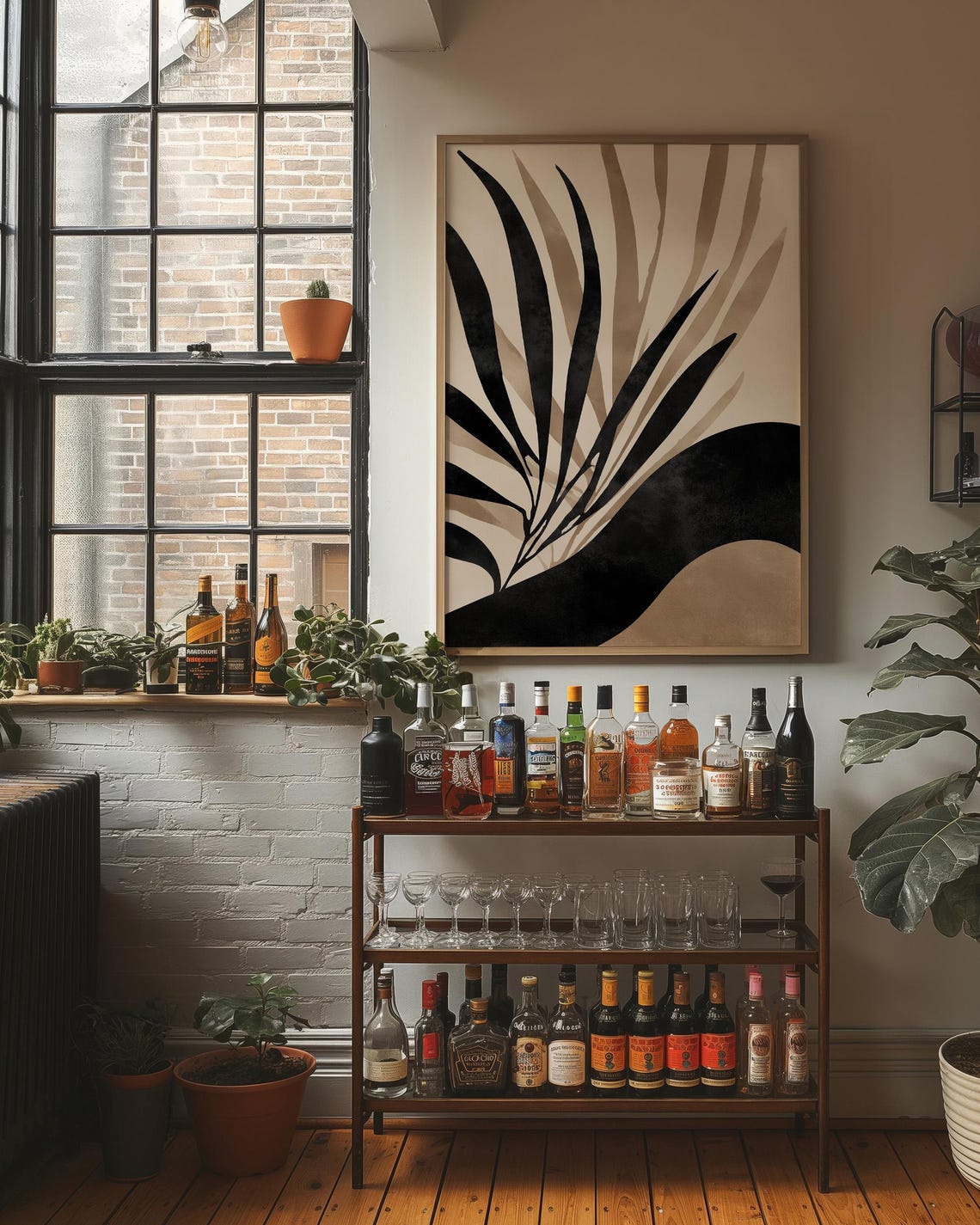 Abstract Botanical Black Leaves Neutral Minimal Modern Wall Art