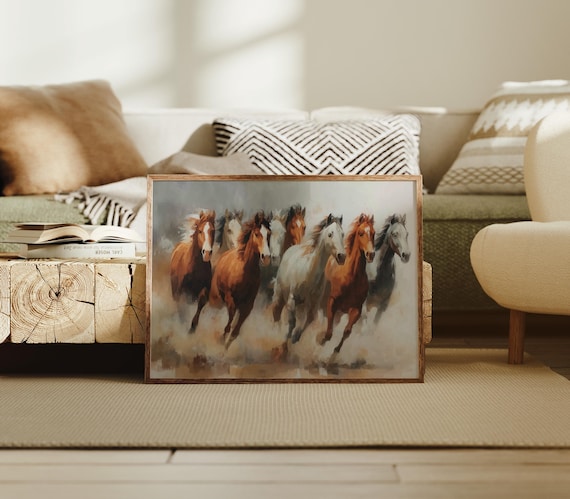 Wild Horses Galloping Dusty Plains Watercolor Ranch Painting Poster