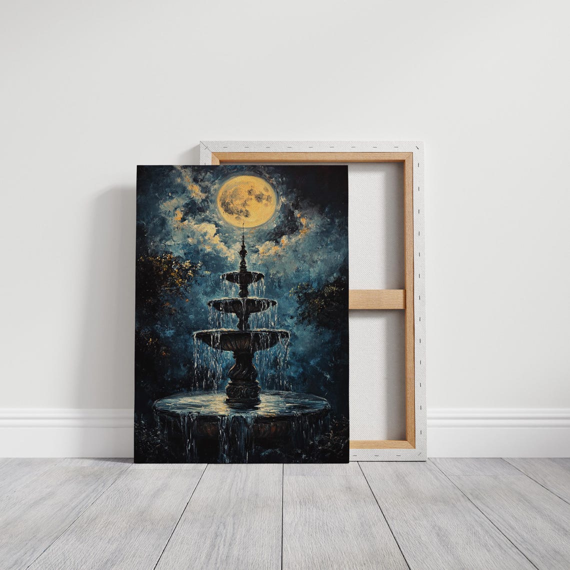 Moonlit Tiered Fountain Under Full Moon Night Sky Ethereal Art Poster - Image 4