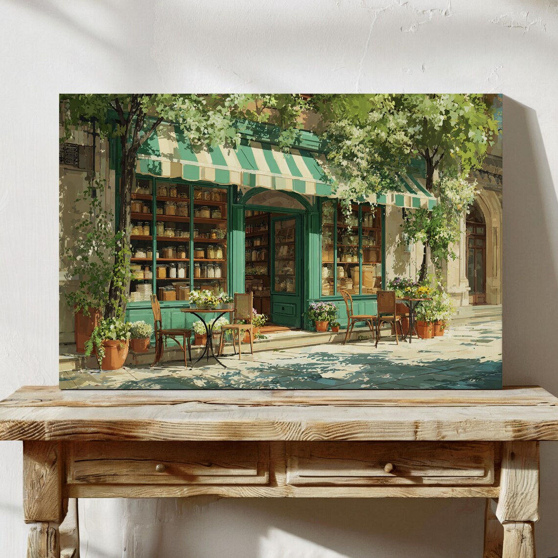 Parisian Cafe Storefront with Green Striped Awning Art Print