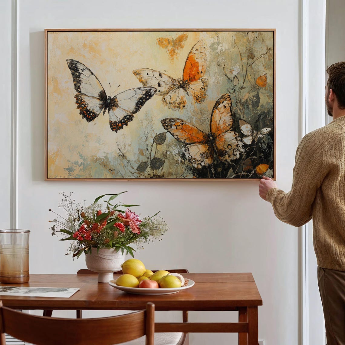 Three Butterflies on Textured Cream Canvas Vintage Nature Poster - Image 3