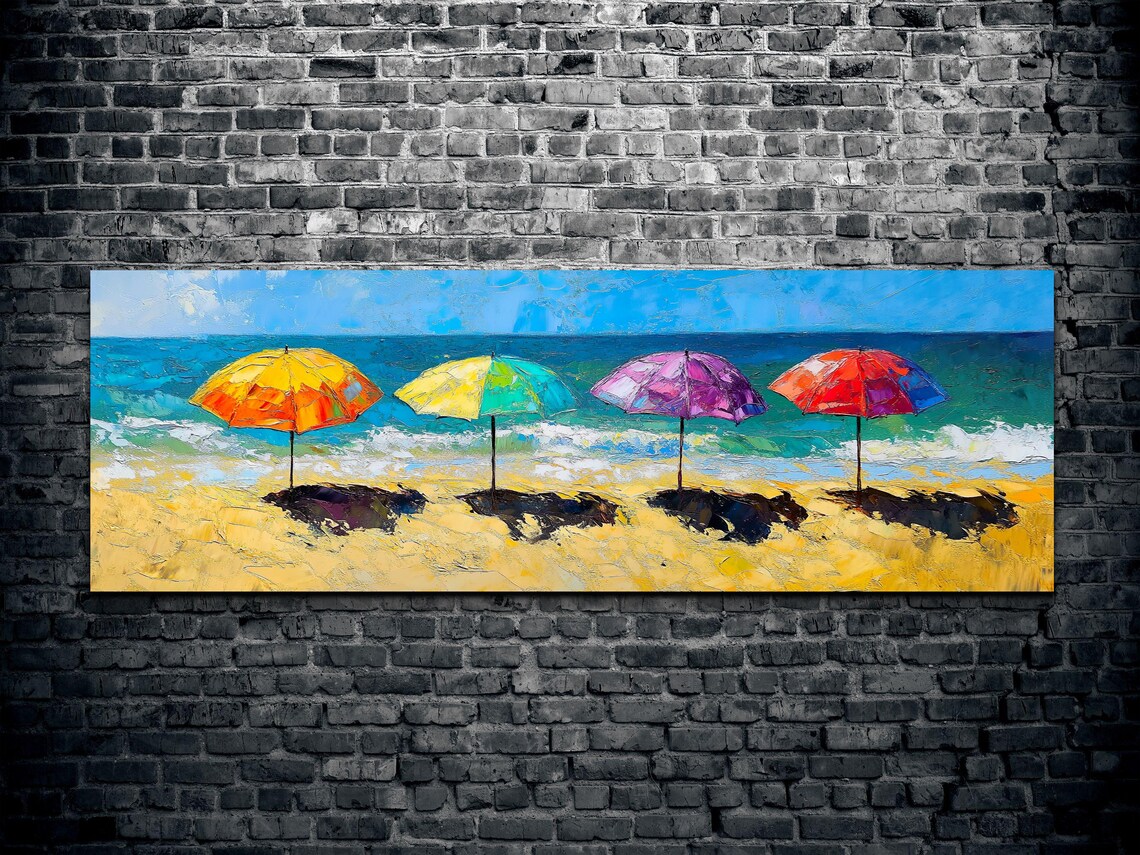 Beach Parasols Oil Painting, Panoramic Art Print - Image 2