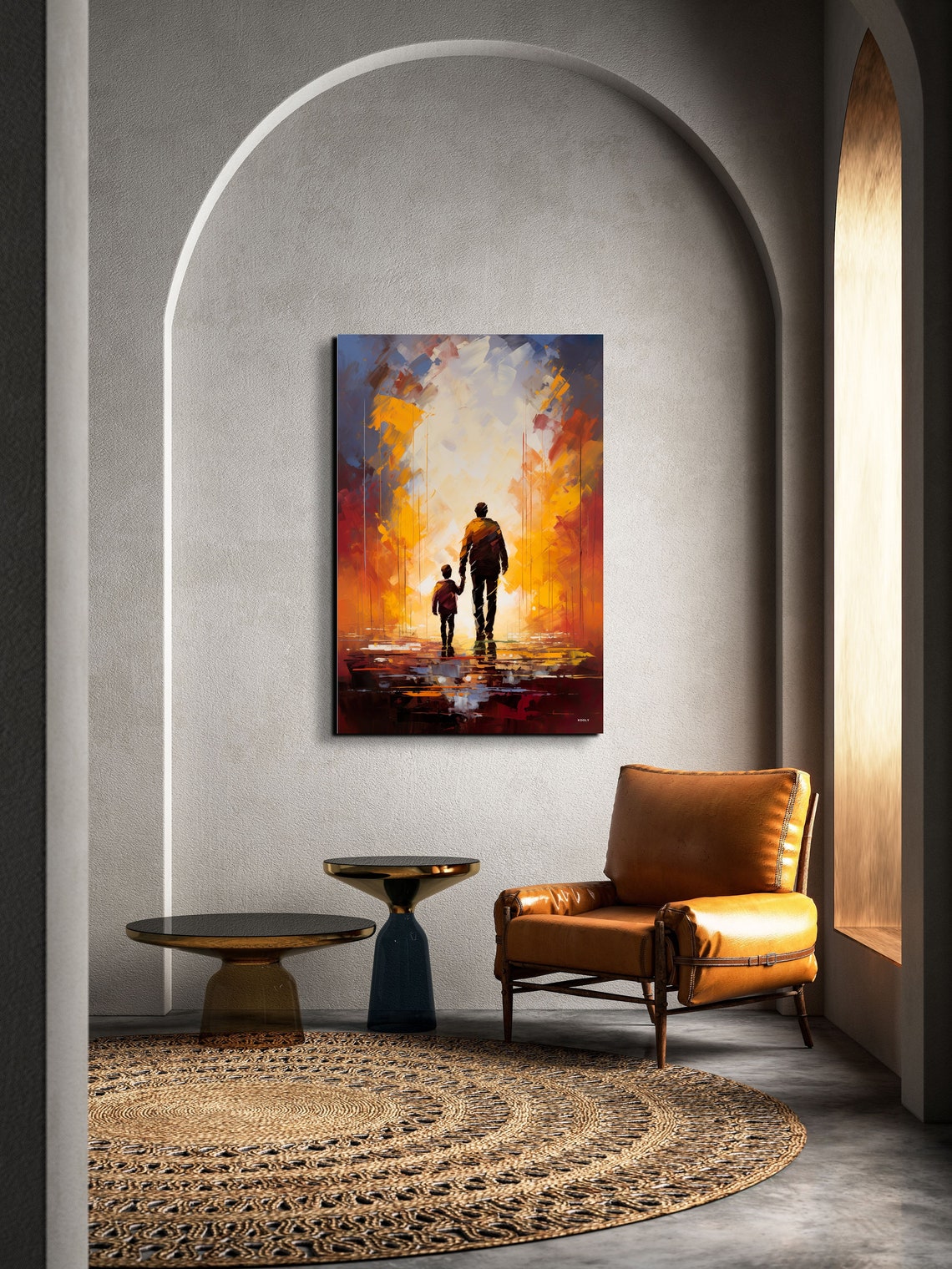 Father And Son Silhouettes Walking In Abstract Watercolor Poster - Image 3