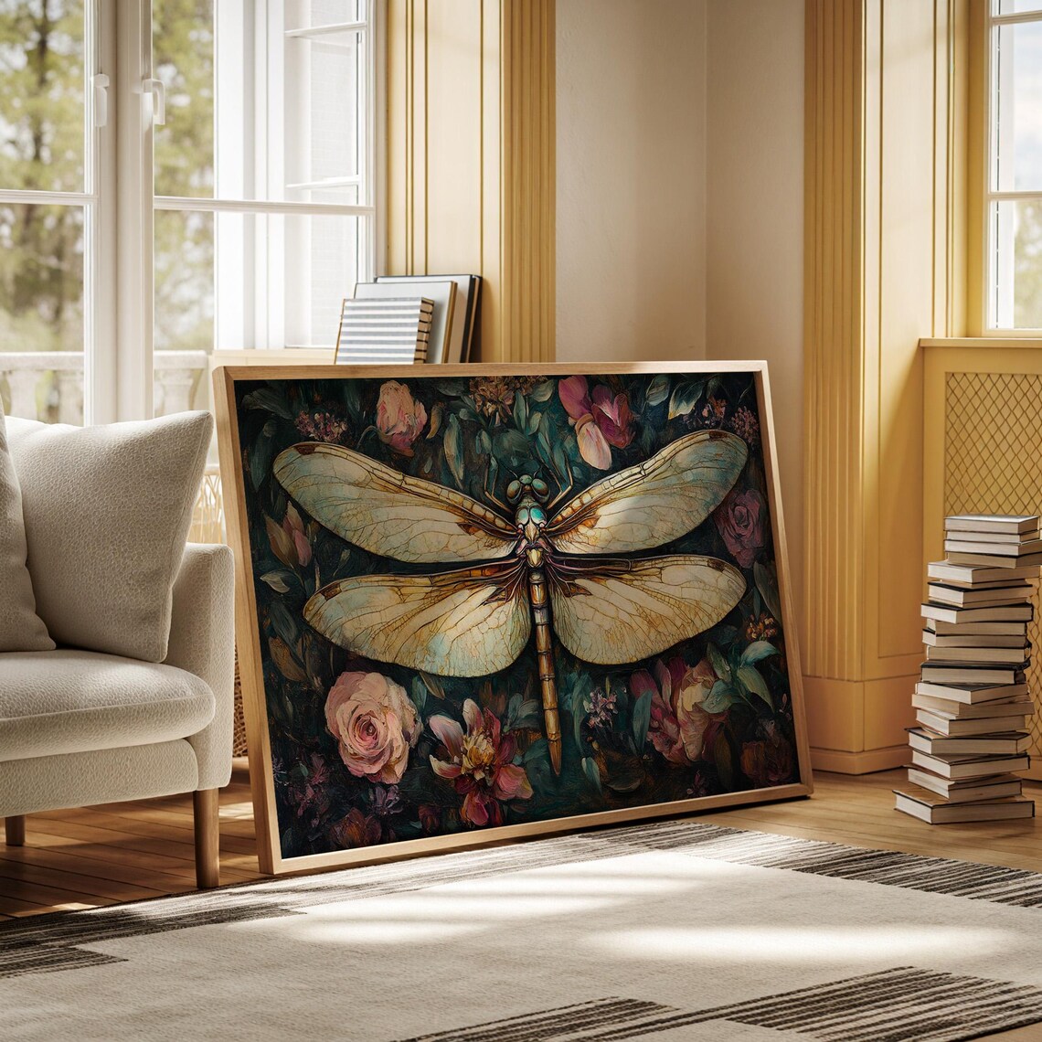 Pale Dragonfly with Translucent Wings on Dark Floral Botanical Art Poster - Image 2