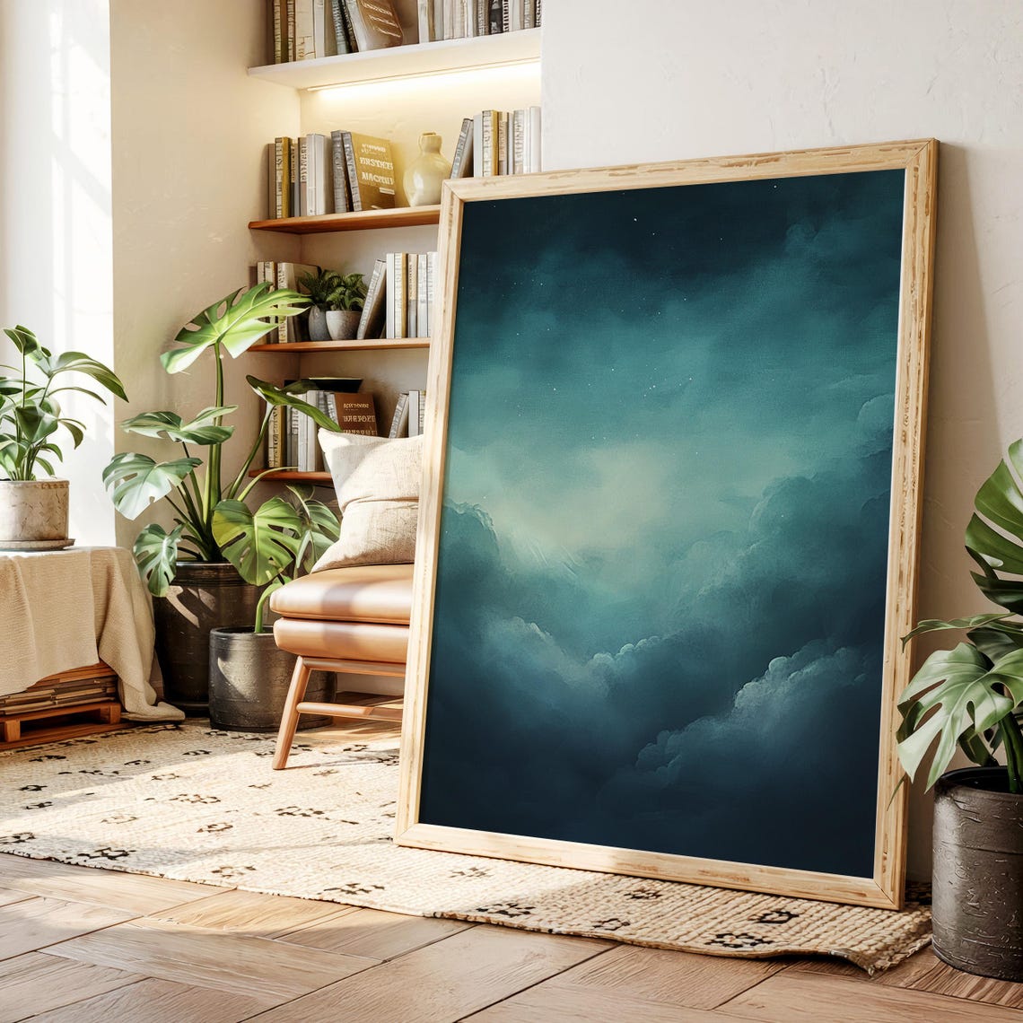Moody Dark Navy Night Cloudscape Print with Subtle Starry Detail