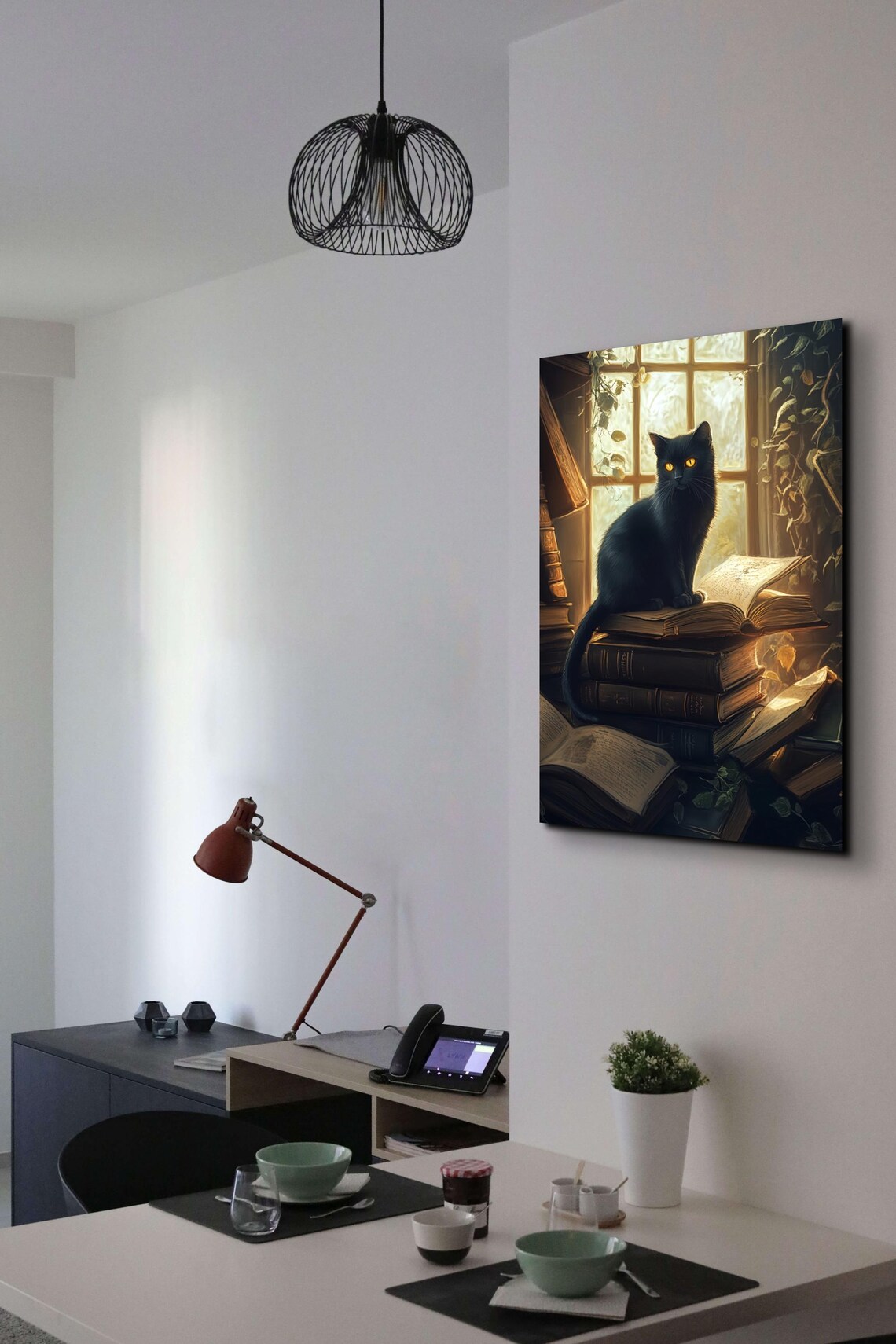 Black Cat Sitting on Old Books by Sunlit Window Vines Poster - Image 4