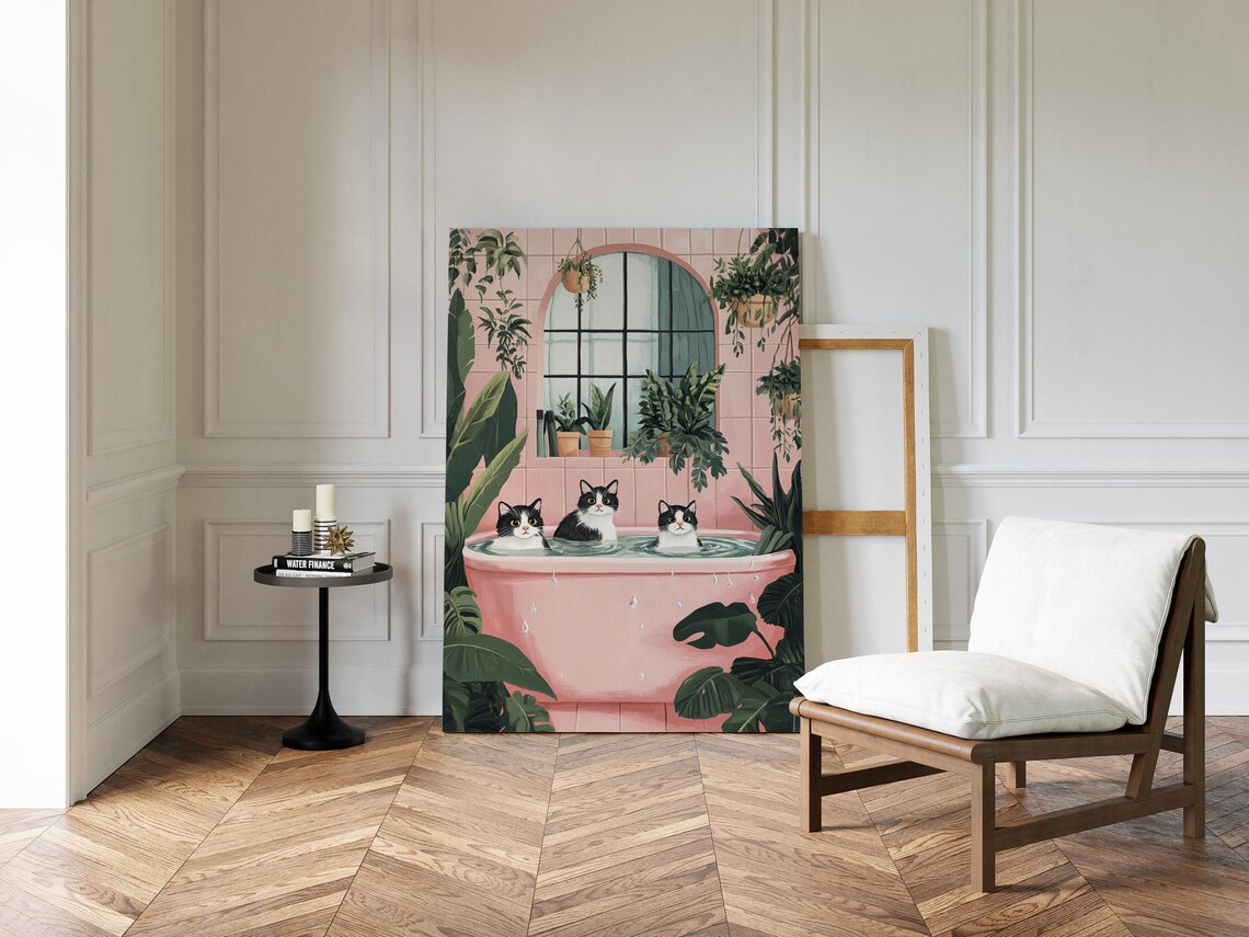 Whimsical Cat Trio In Pink Bathtub Art Print - Image 3
