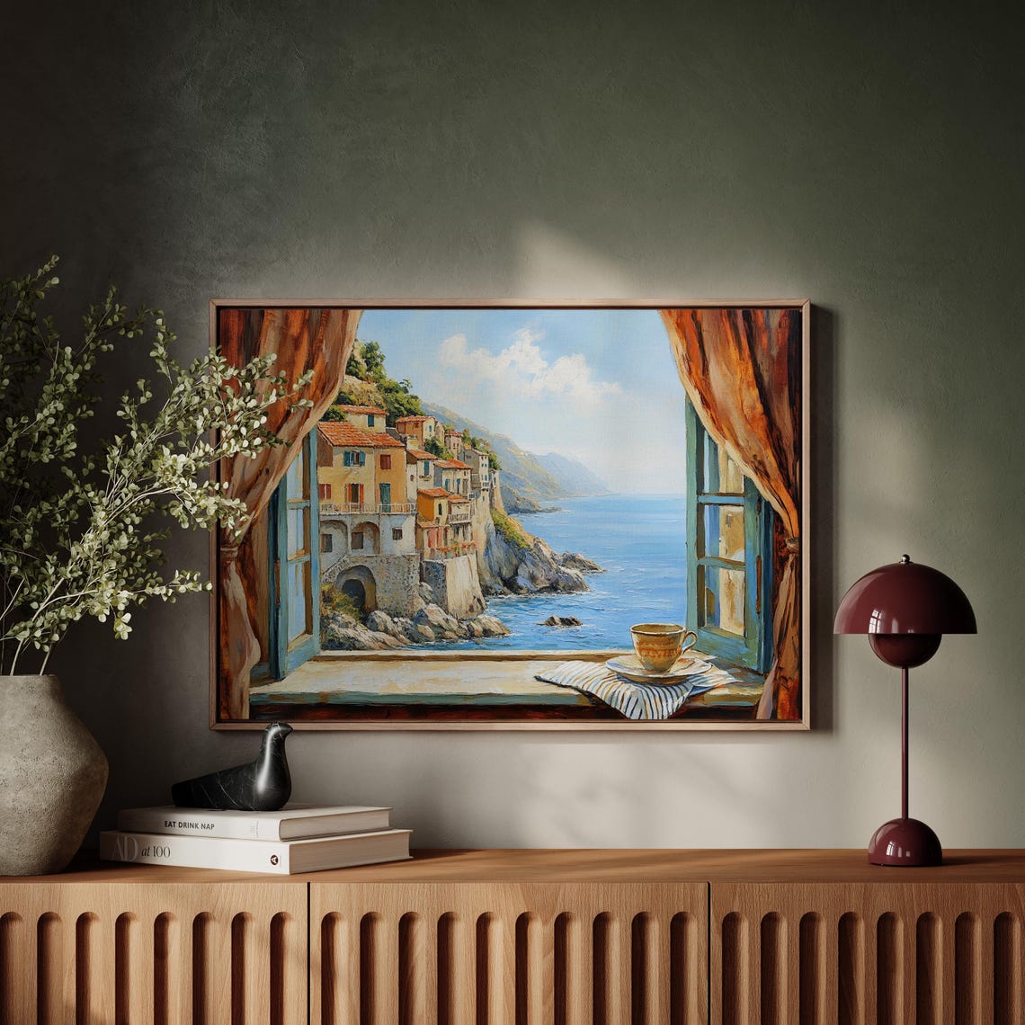 Italian Seaside Village Cliff View Through Open Window Poster