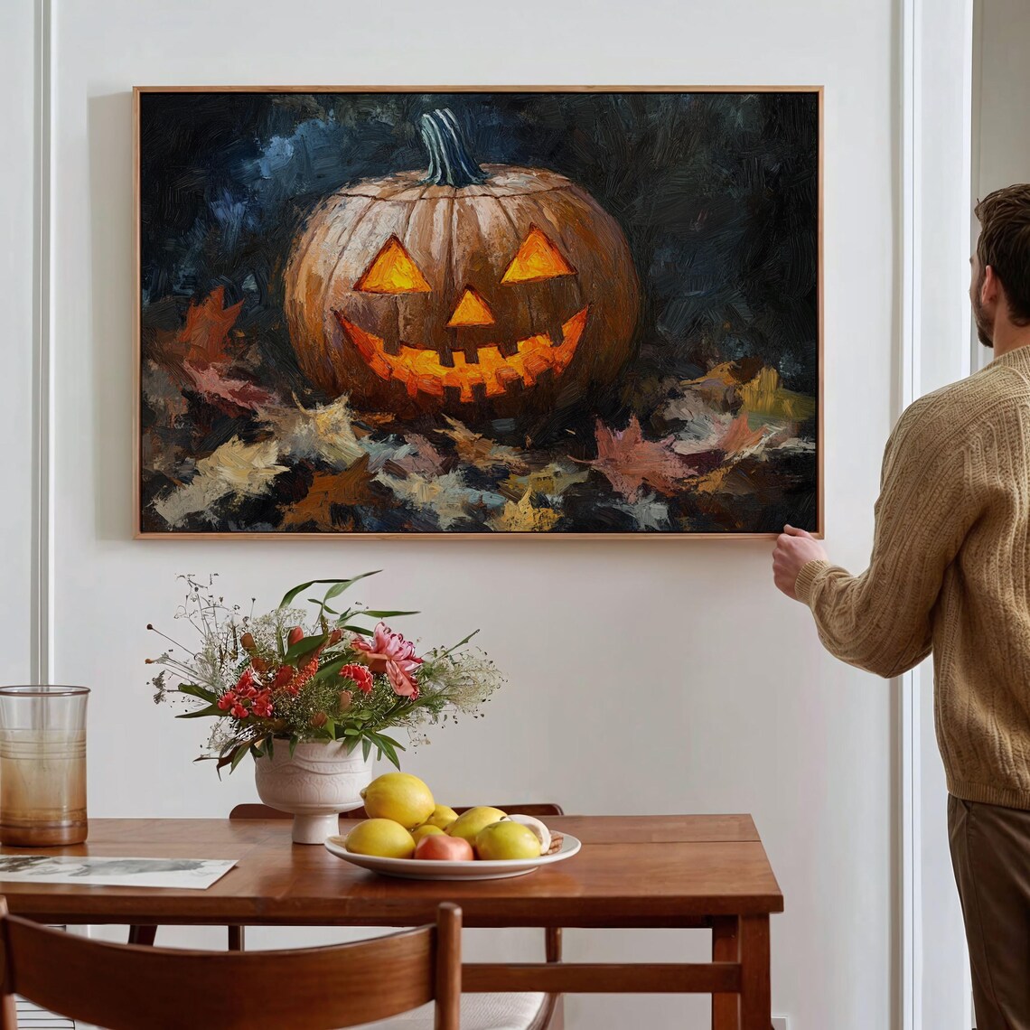 Glowing Jack O Lantern Among Autumn Leaves Dark Halloween Painting Poster - Image 4