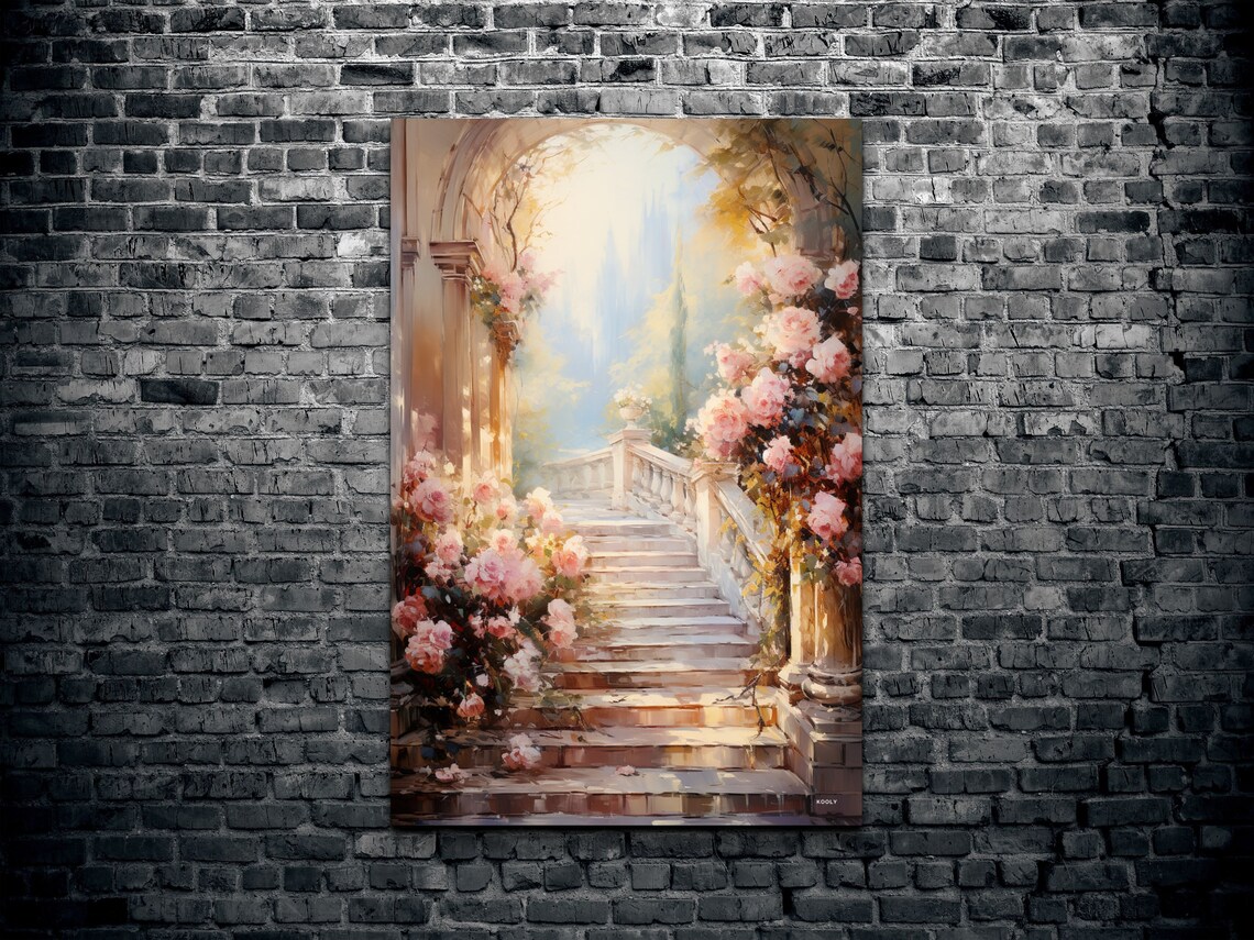 Rose Garden Path Oil Painting Style Art Print - Image 2