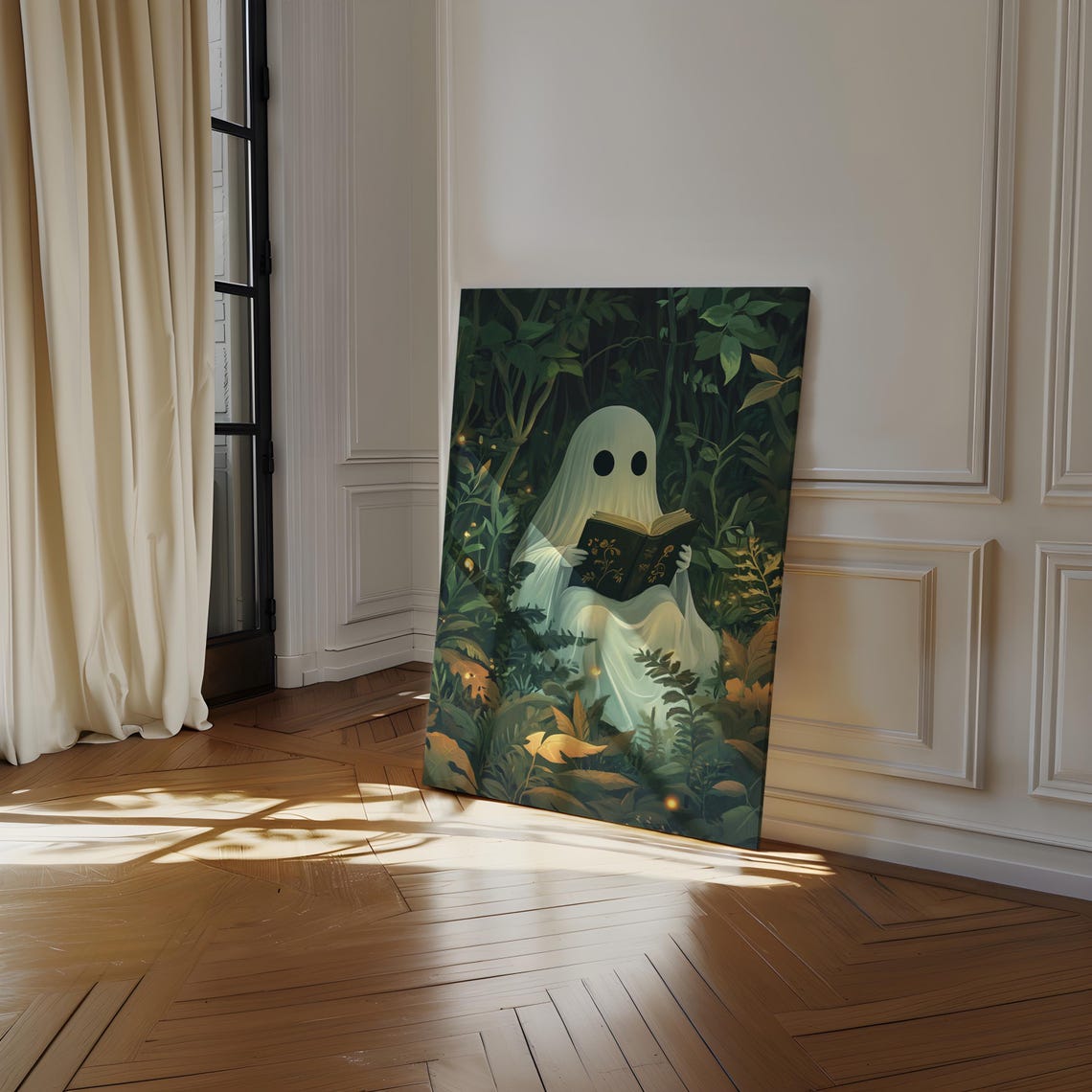 Cute Ghost Reading Book In Lush Forest With Fireflies Wall Art
