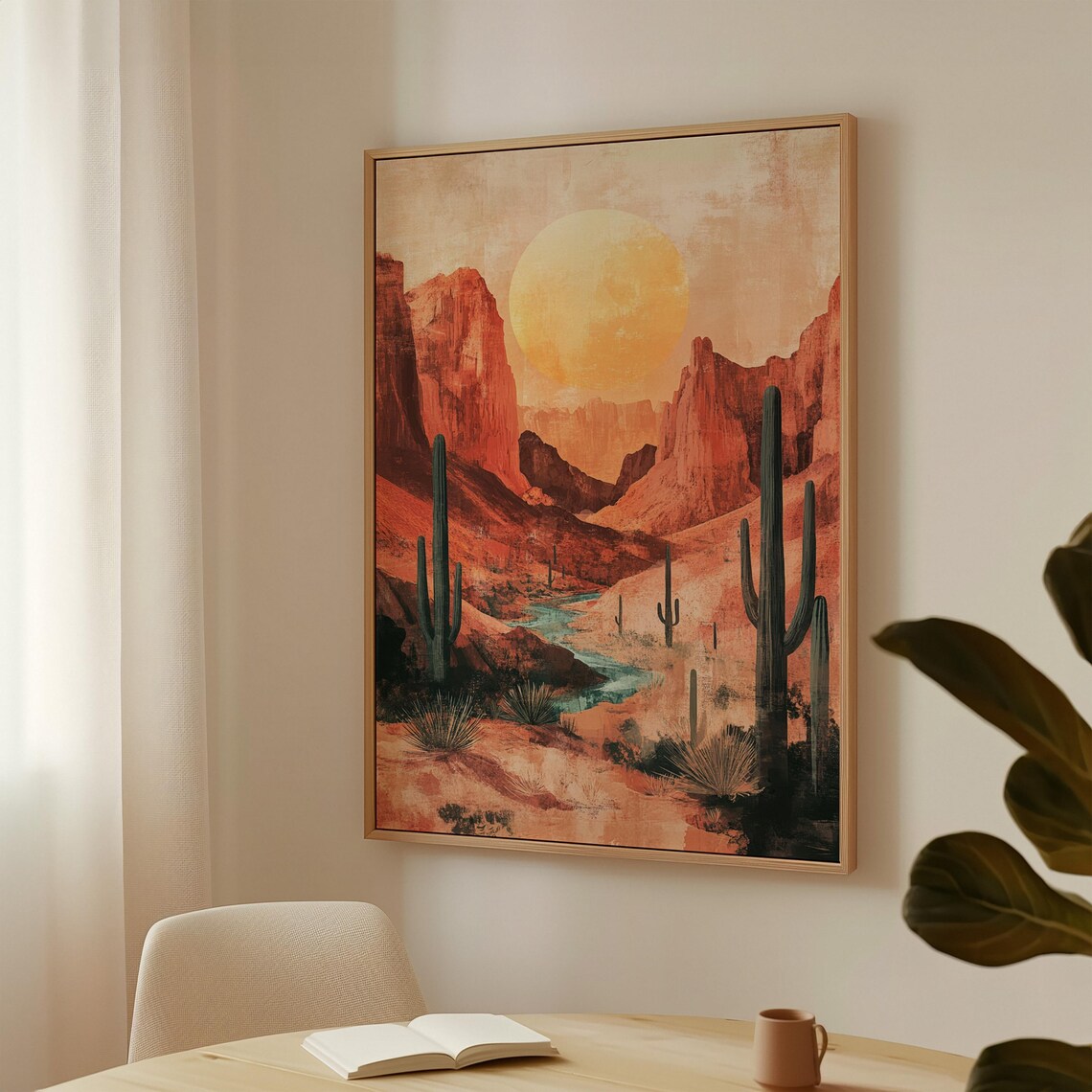Sunlit Desert Canyon Vintage Cactus Landscape Poster