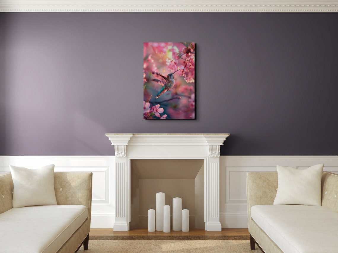 Colorful Hummingbird Hovering Among Pink Cherry Blossoms Poster - Image 6