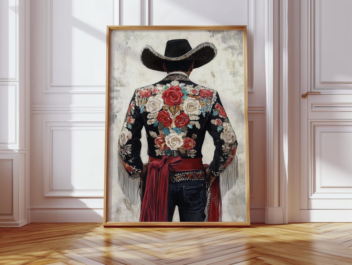 Charro From Behind Floral Embroidered Suit Mexican Cowboy Poster