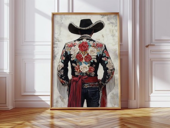 Western Cowboy Floral Jacket Canvas Art Mexican Charro Outfit Wall Print Red Roses Vintage Rodeo Fashion Painting For Rustic Decor
