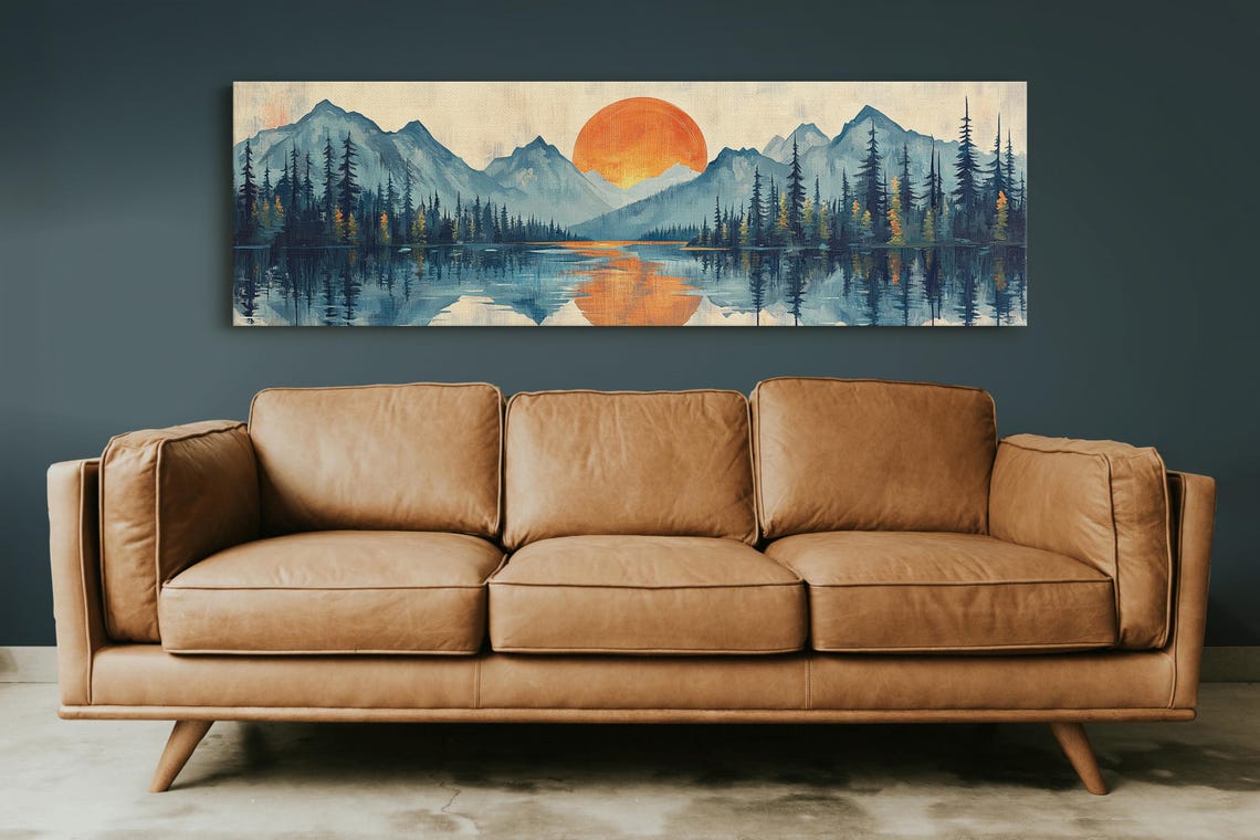 Vintage Sunrise Mountain Lake Orange Sun Reflection Pine Forest Poster - Image 5