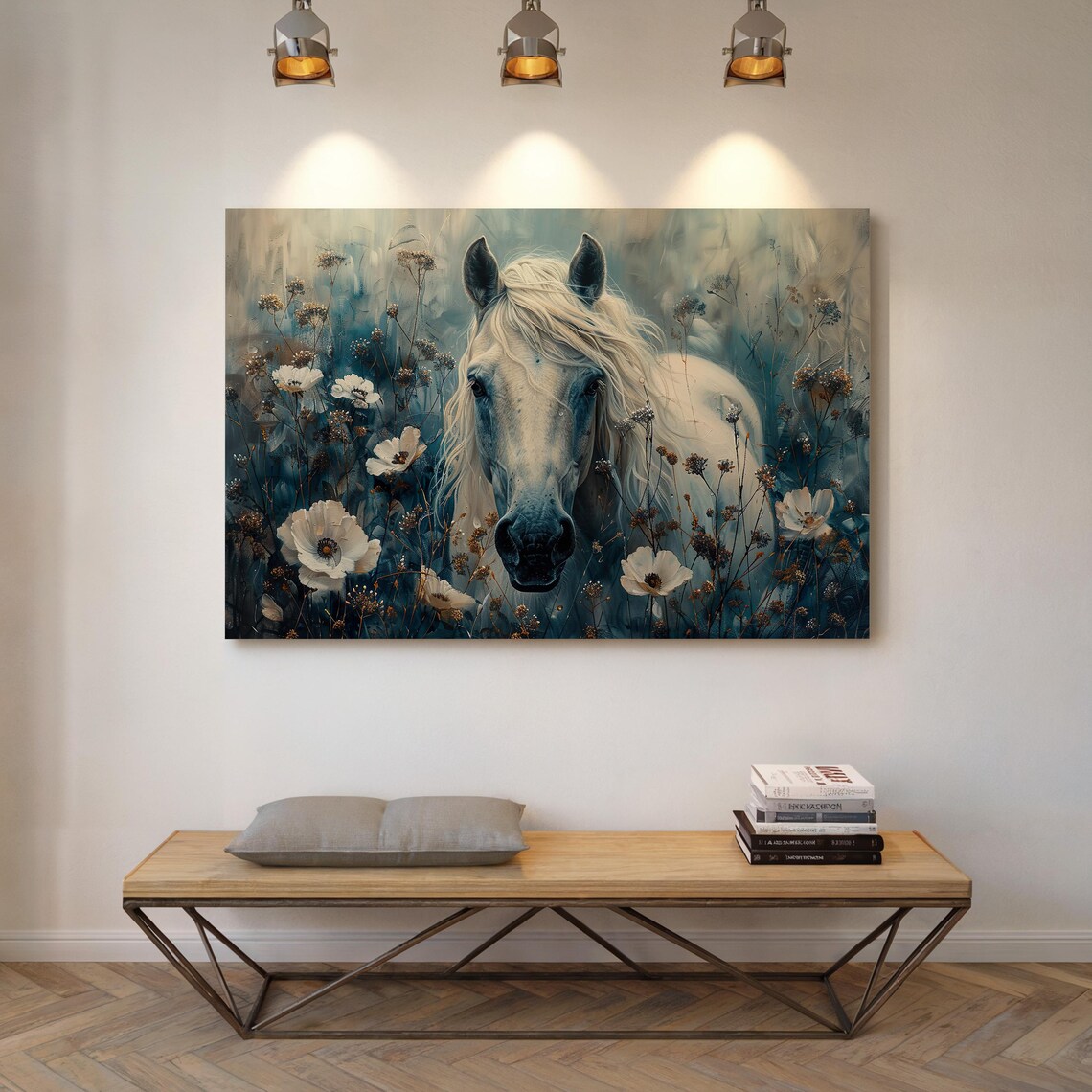White Horse and Wild Flowers Landscape Art Print - Image 3