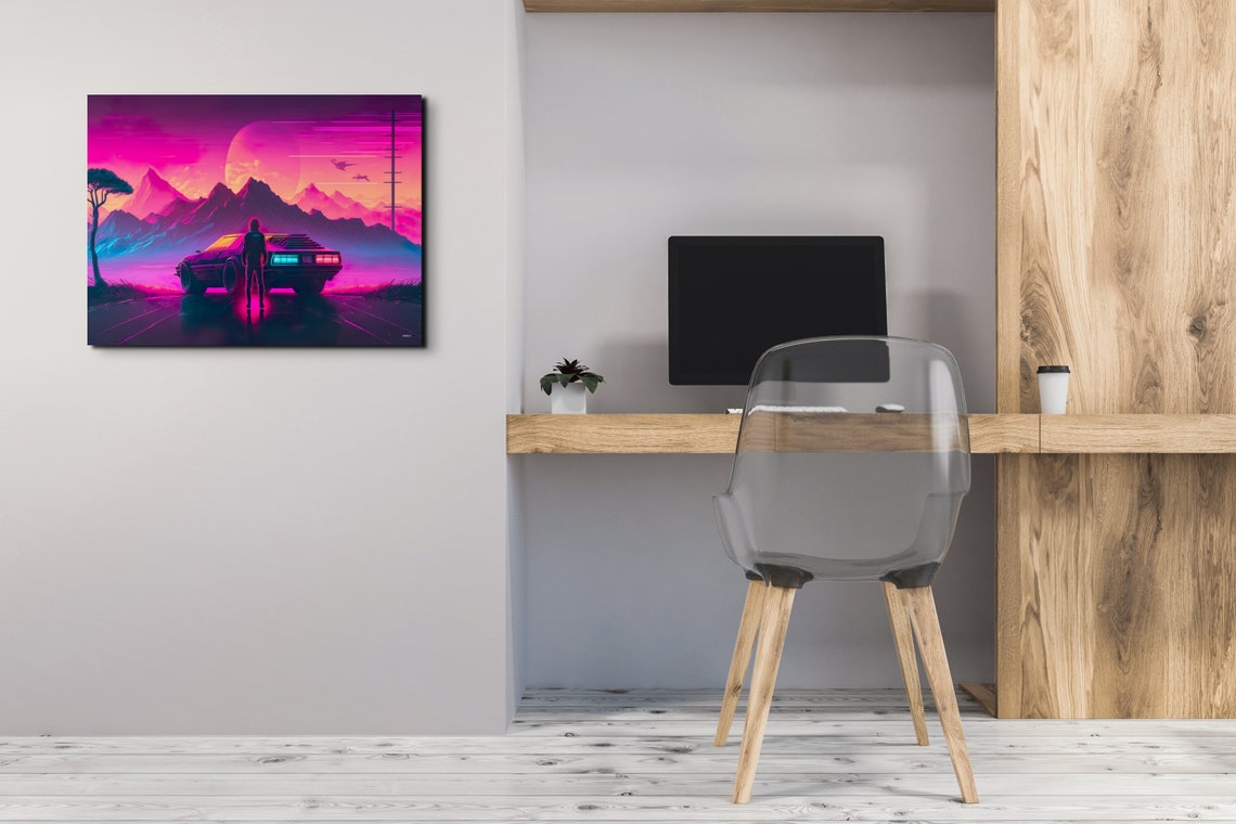 Retro Synthwave Sunset Drive Neon Mountains Giant Moon Poster - Image 6
