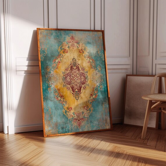 Teal and Mustard Distressed Boho Medallion Mandala Art Poster