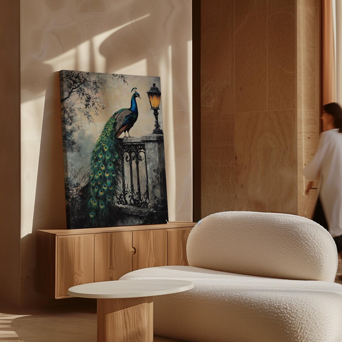 Elegant Peacock On Stone Ledge Beside Antique Lamp Art Poster - Image 7